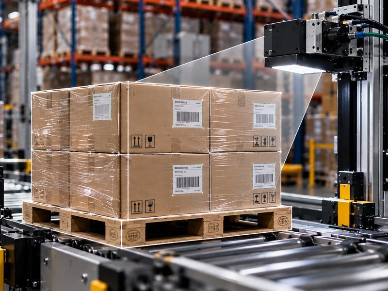 Almacén industrial con palets y transporte automatizado