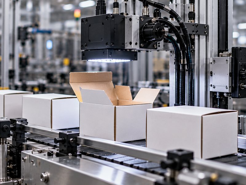 Línea de packaging con cajas en cinta transportadora