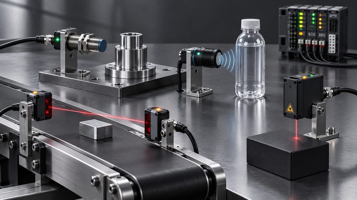 Sensor industrial montado sobre una cinta transportadora
